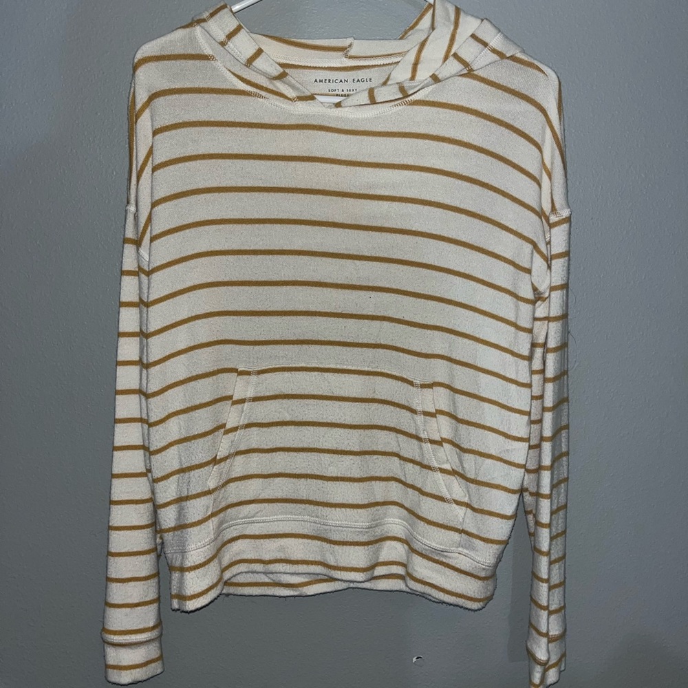 American Eagle white and mustard yellow striped hoodie
